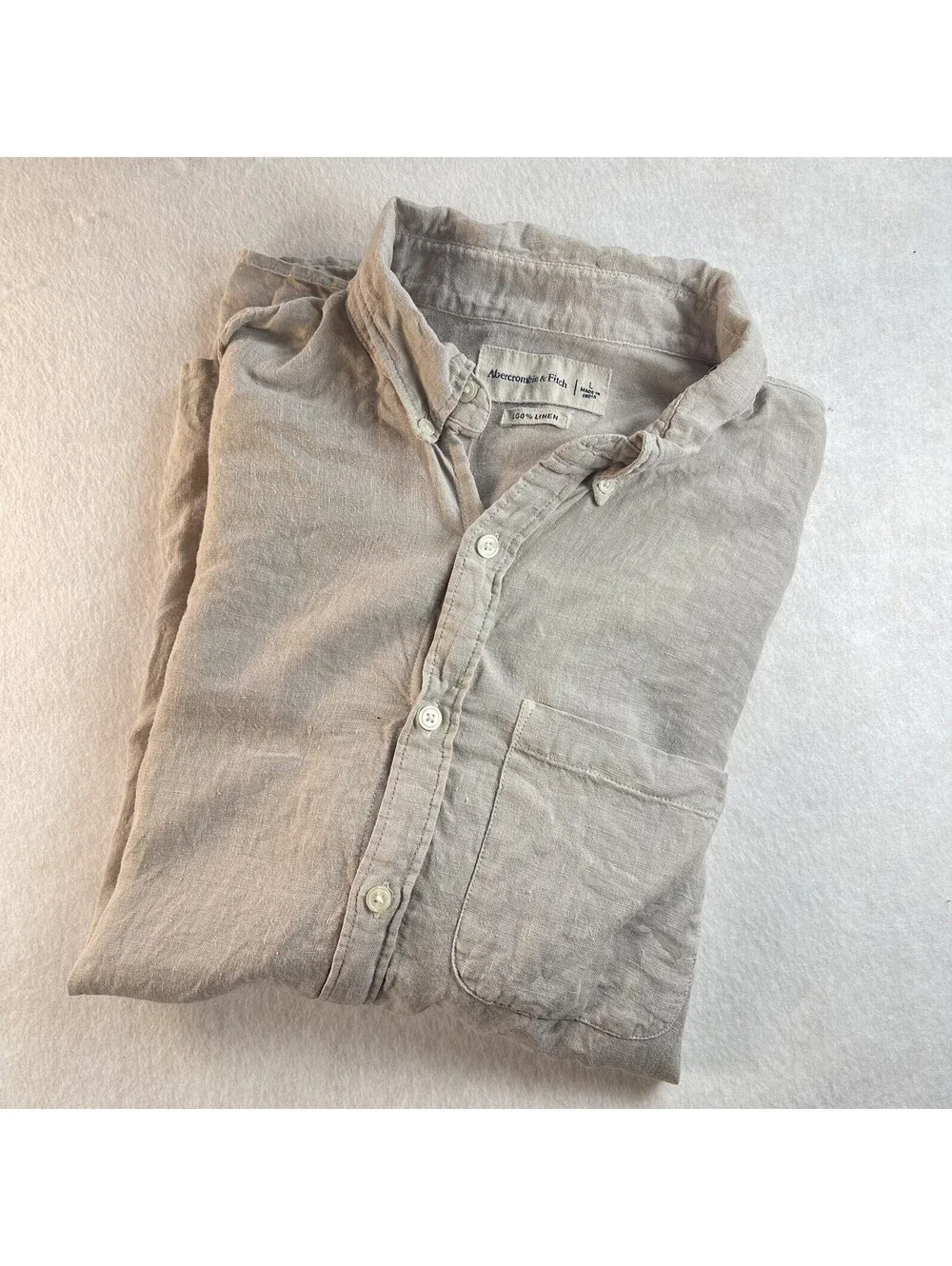 Abercrombie & Fitch Mens Shirt Tan 100% Linen Long Sleeve Sz L Casual Logo khaki